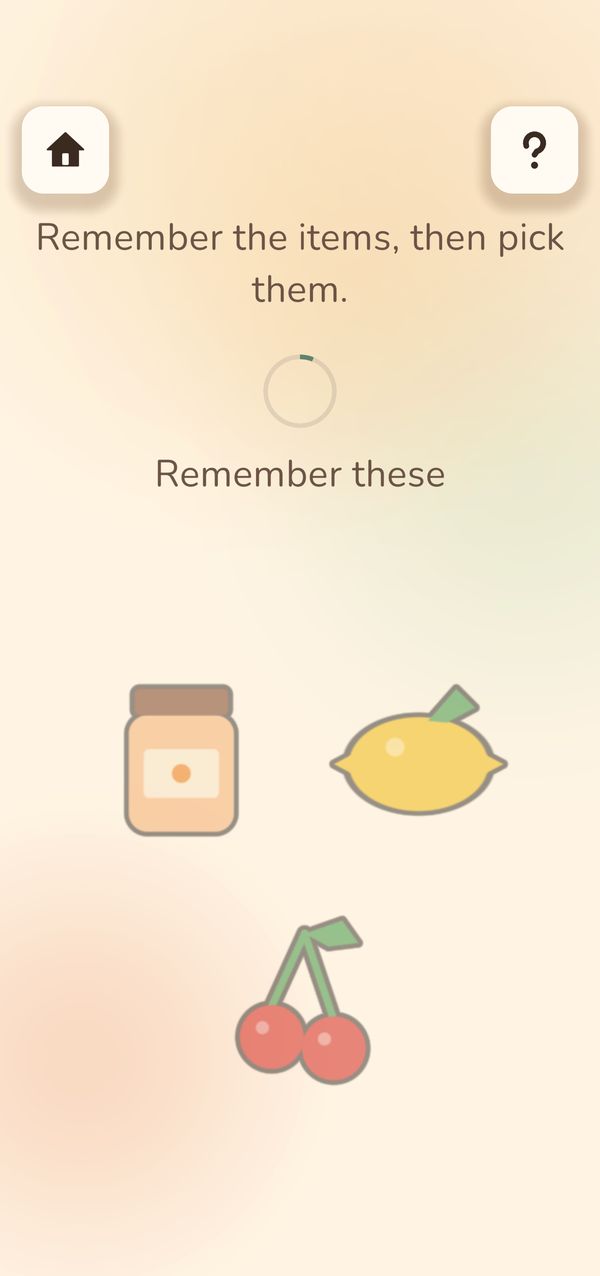 Memory Market during play: a jar, a lemon and cherries, with the words Remember these