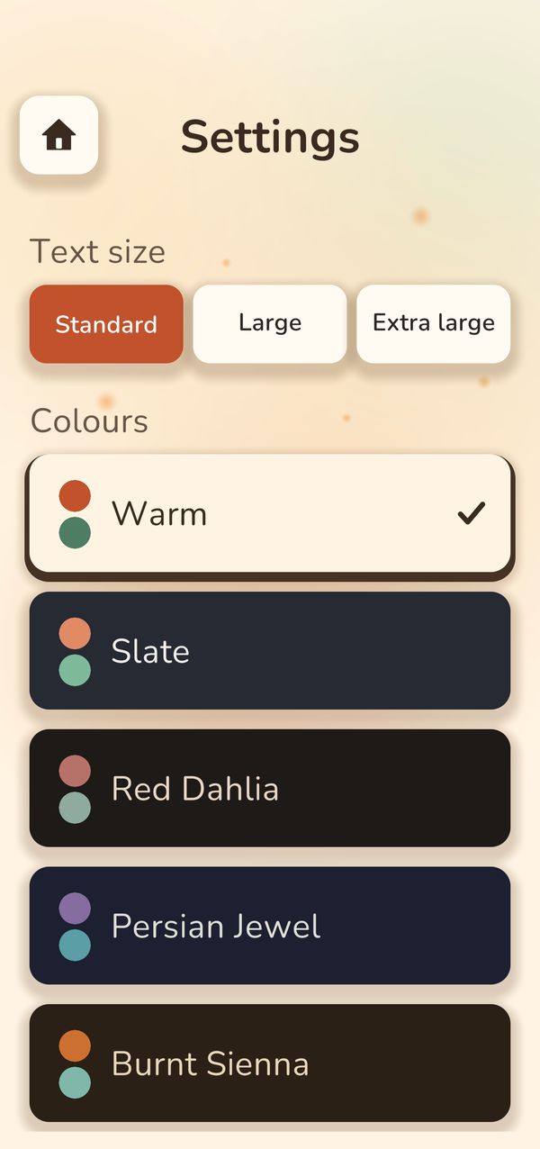 The settings screen with text size and colour choices